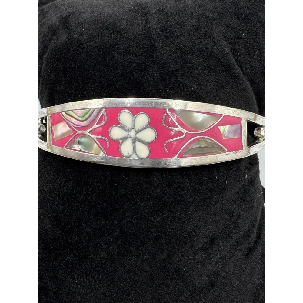 Vintage Alpaca Mexico Pink Enamel Abalone Shell Hinged‎ Cuff Bangle Bracelet